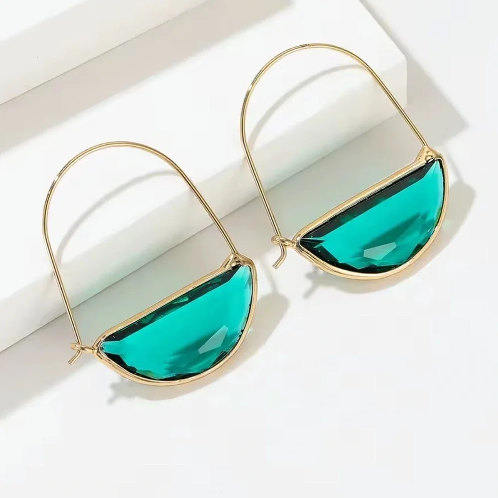 Emerald Green Glass Crescent Hoop Gold Earrings